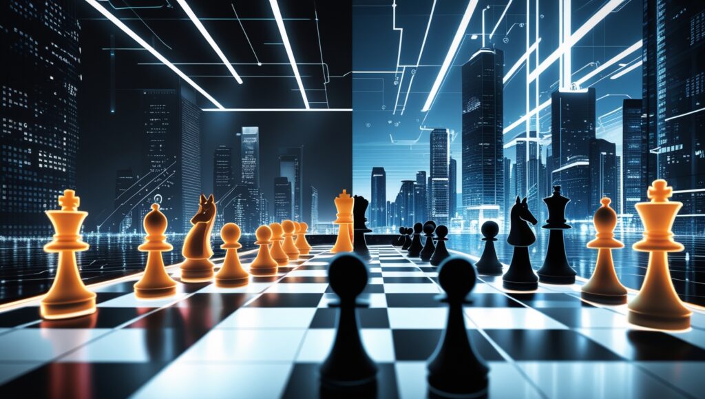 AI problem solving metaphor: split-screen of a glowing 3D chessboard and a futuristic city overlaid with data streams