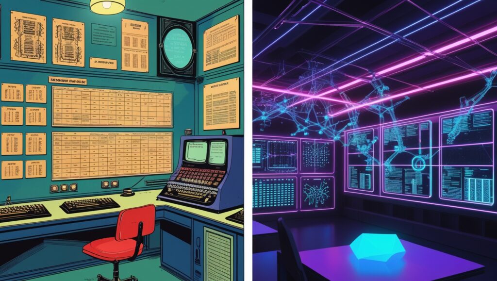 AI problem solving comparison: vintage symbolic logic mainframes versus modern machine learning data center