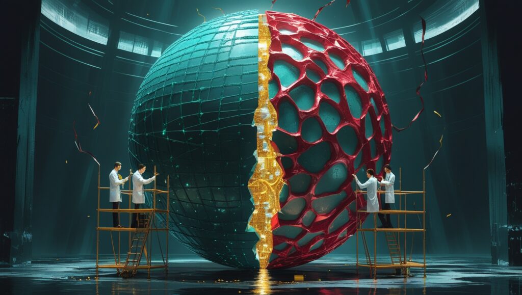 A large 3D data-mesh sphere, one side crisp teal, the other cracked crimson, with researchers weaving golden synthetic threads.