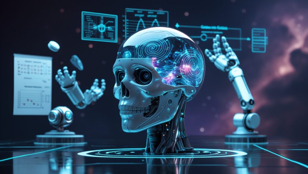 Future AI problem solving vision: android with holographic neural circuits surrounded by causal and molecular models