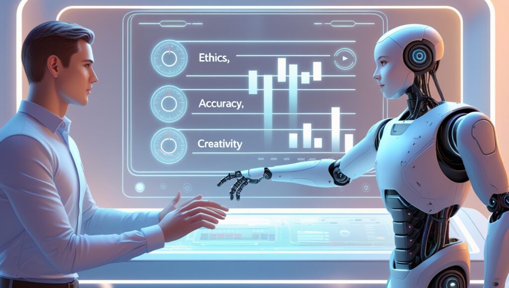 A human operator and a sleek robot reach toward a holographic console displaying meters for ‘Ethics,’ ‘Accuracy,’ and ‘Creativity