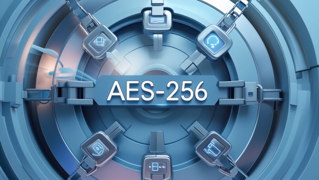 Secure vault door labelled “AES-256” surrounded by tokenized data blocks
