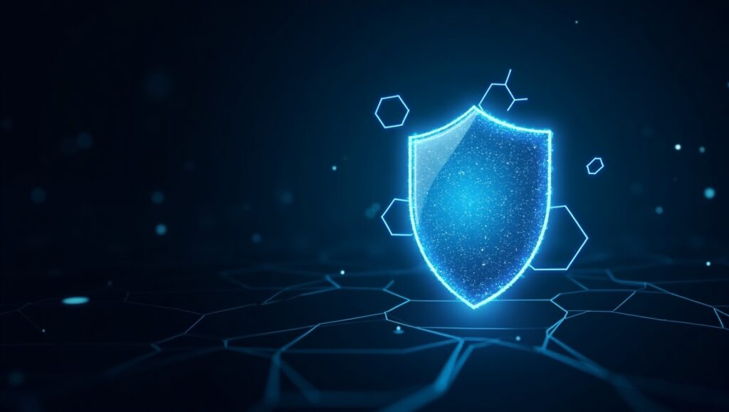 Abstract polygonal shield floating above a dark network grid
