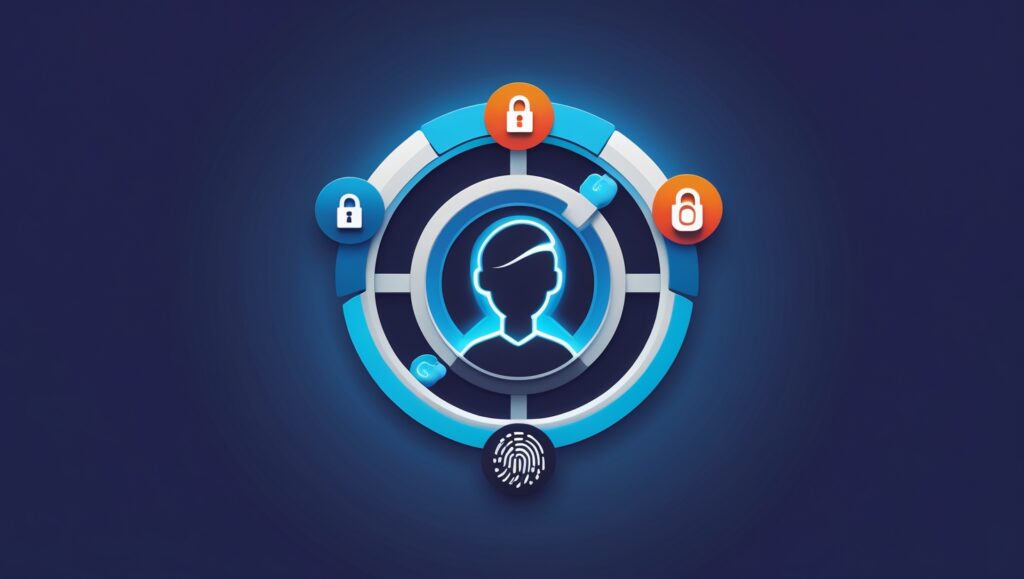 User avatar icon protected by layered multi-factor authentication elements, representing zryly.com IAM.