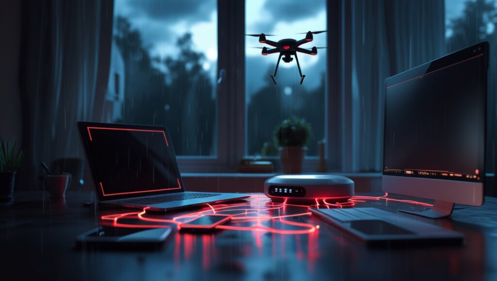 Home office at dusk with laptop, phone, smart thermostat, and router linked by glowing red attack‑vector lines; a drone silhouette outside the window.