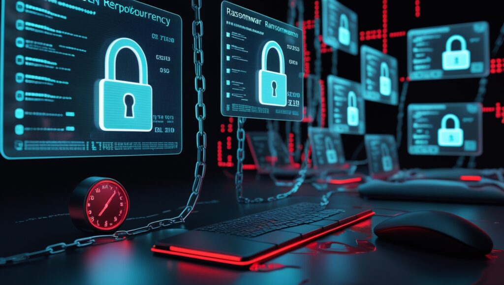 Cyber Awareness illustration of triple‑extortion ransomware demands